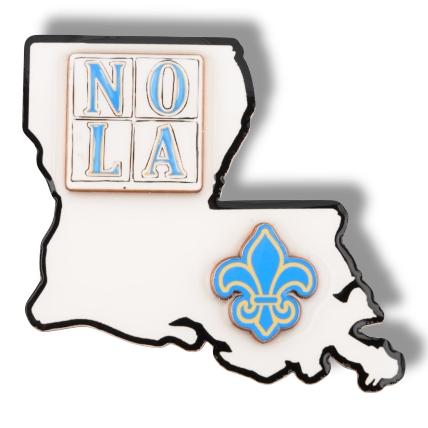 NOLA White & Blue Louisiana Shaped Magnet - Refrigerator Magnets - New Orleans Souvenir