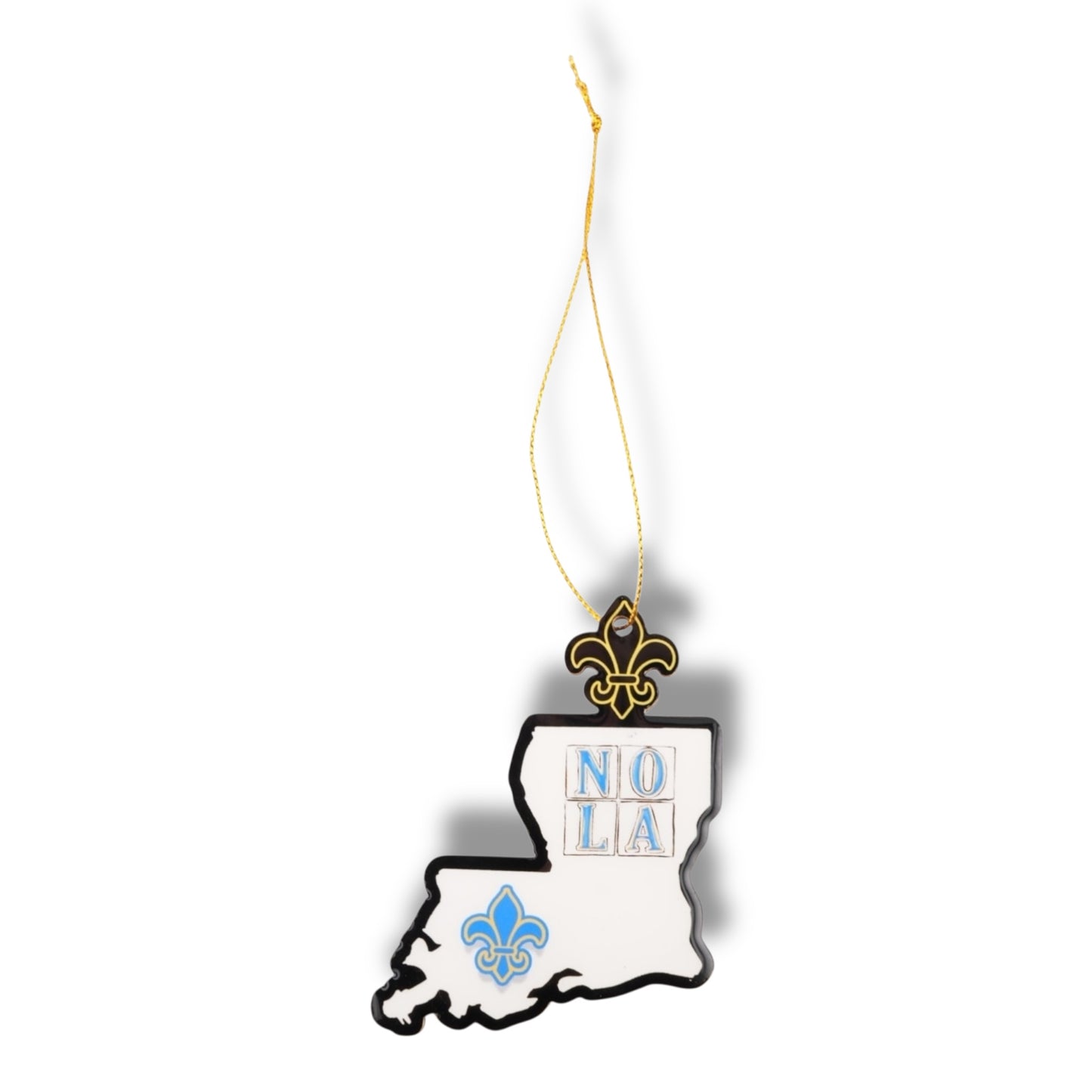 NOLA White & Blue Louisiana Shaped Ornament - local art - locally made -New Orleans Souvenir - Back