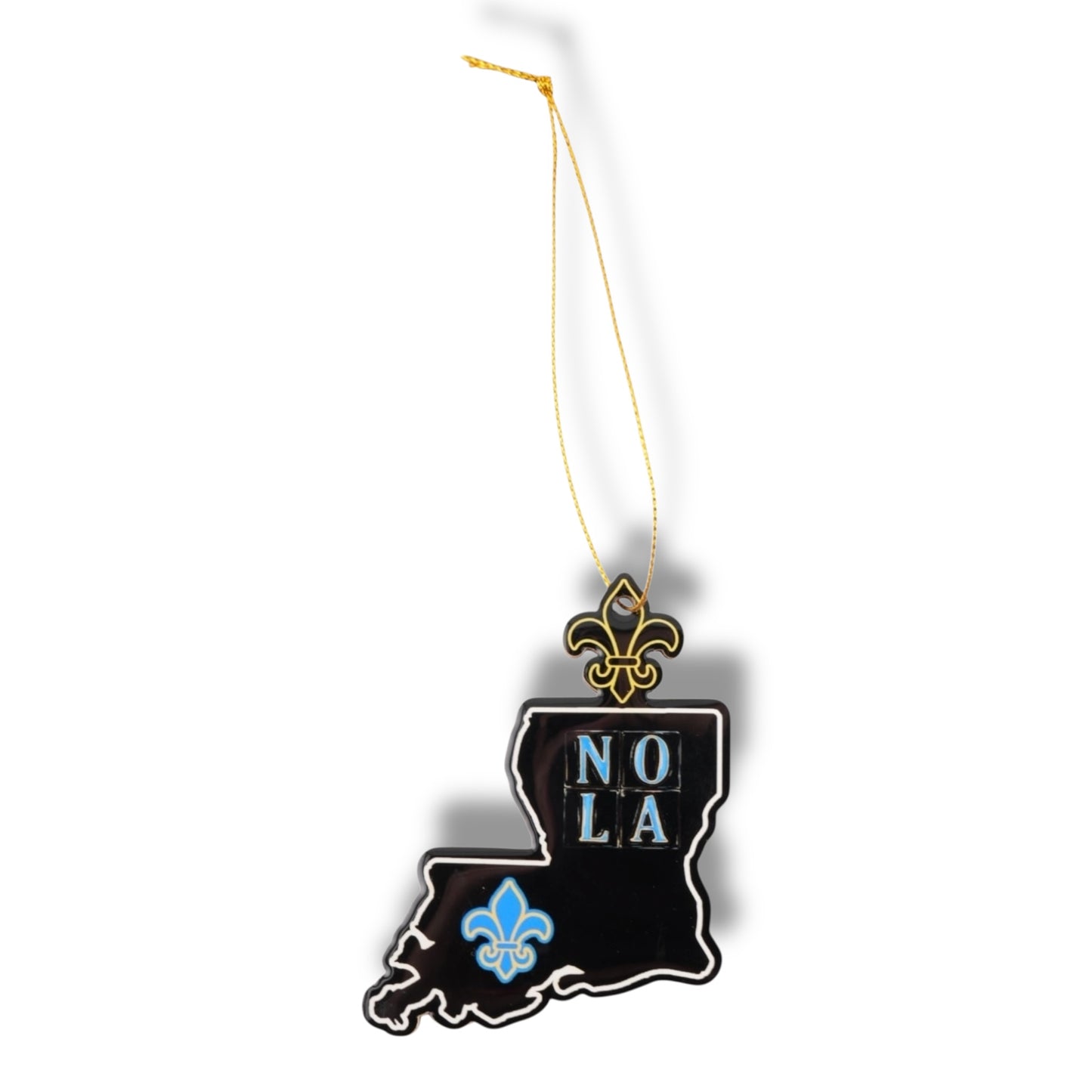 NOLA Black & Blue Louisiana Shaped Ornament - Holiday Ornaments - locally designed - New Orleans Souvenir - Back