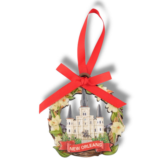 Saint Louis Cathedral With Magnolia Flower Ornament - Holiday Ornaments - New Orleans Souvenir