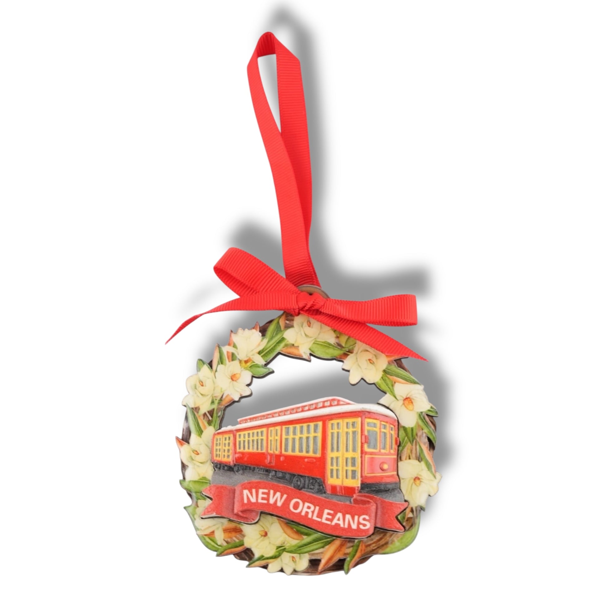 Red Street Car With Magnolia Flower Ornament - local art - Holiday Ornaments - New Orleans Souvenir