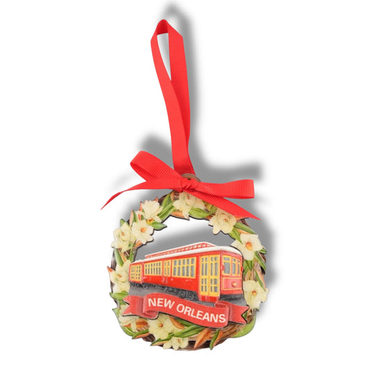 Red Street Car With Magnolia Flower Ornament - local art - Holiday Ornaments - New Orleans Souvenir