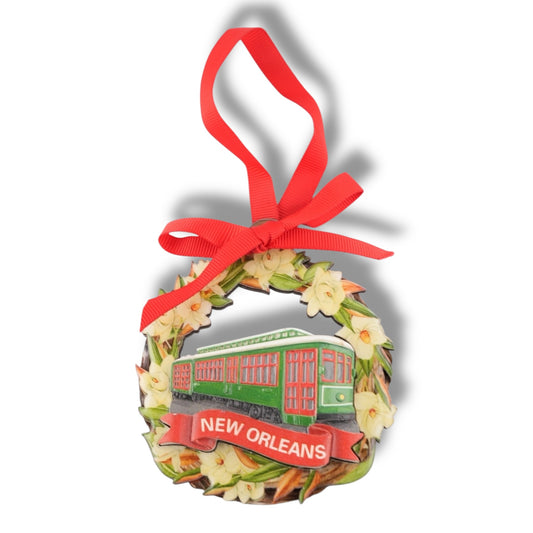 Green Street Car With Magnolia Flower Ornament - local art - Holiday Ornaments - New Orleans Souvenir