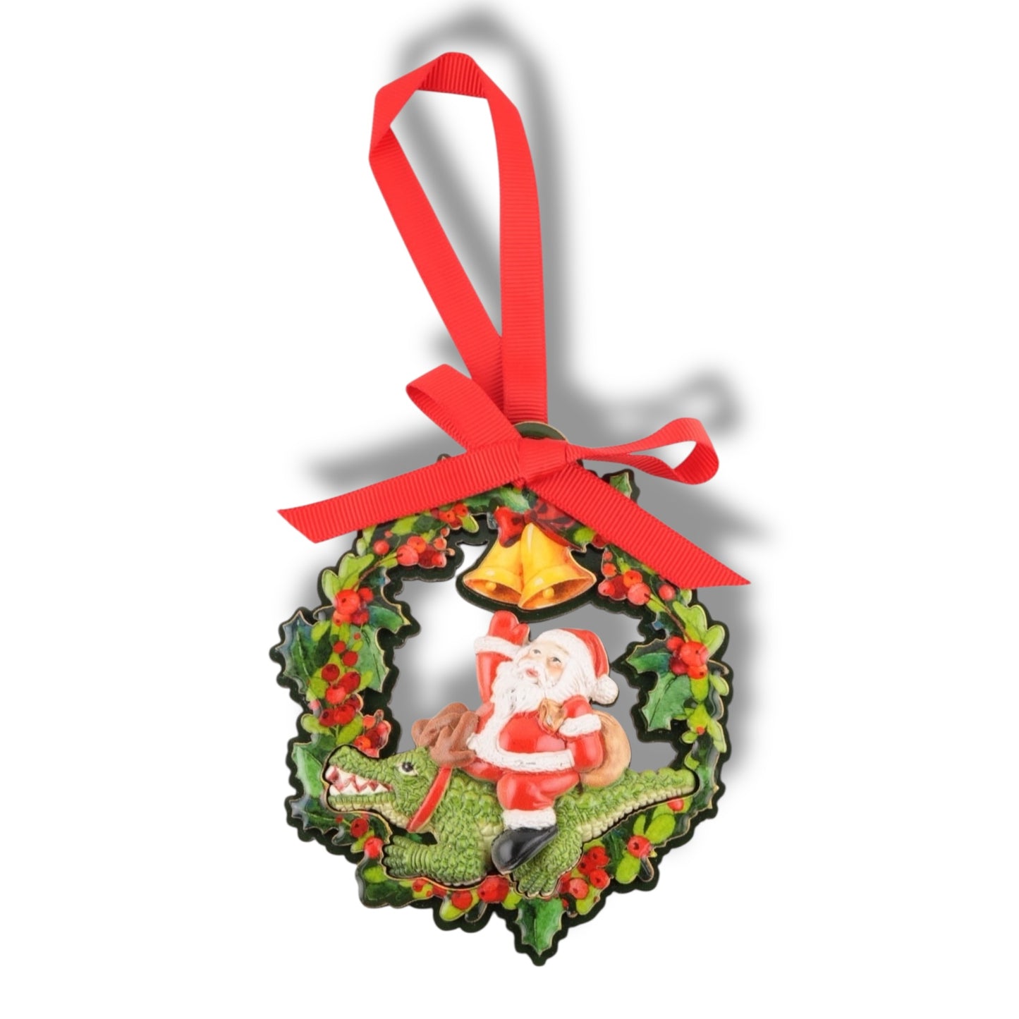 White Santa Sitting On Alligator Ornament - Holiday Ornaments - New Orleans Souvenir
