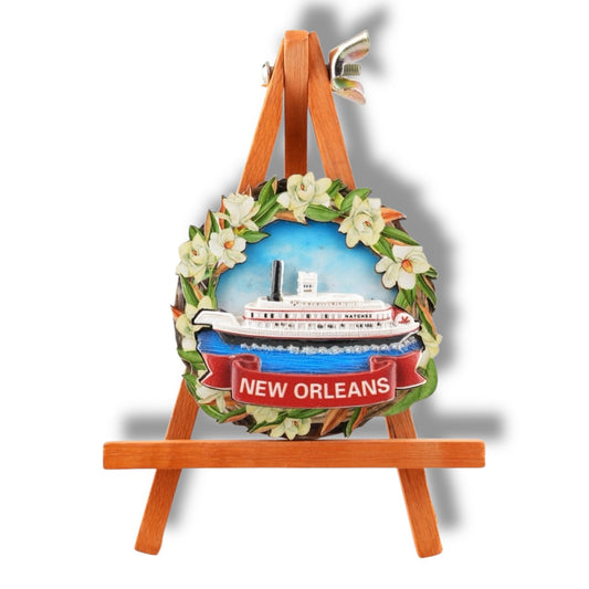 Steam Boat With Magnolia Flower Magnet - Refrigerator Magnets - New Orleans Souvenir