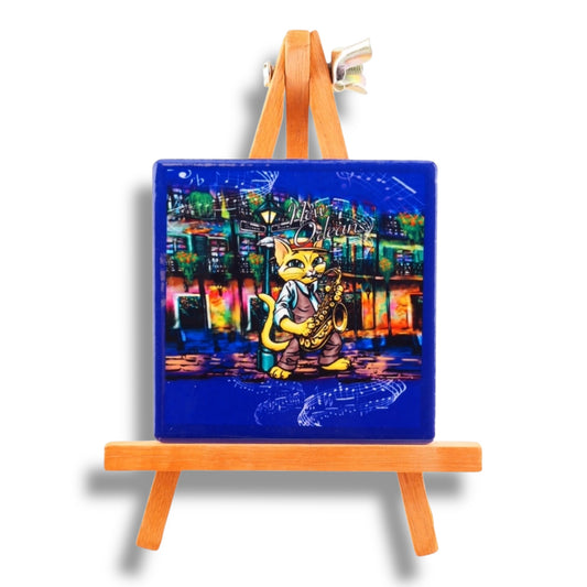 Jazz Cat Ceramic Magnet - local art, vibrant - Refrigerator Magnets - New Orleans Souvenir