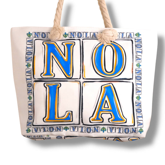 NOLA White & Blue Tote Bag - Tote Bags - New Orleans Souvenir