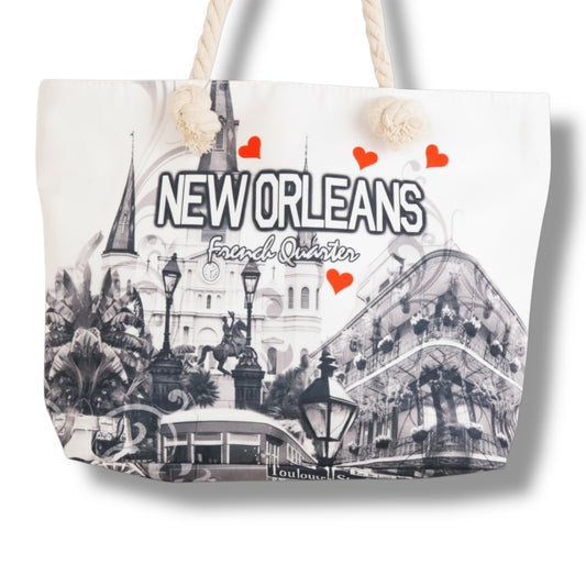 Cityscape With Hearts Tote Bag - local art, durable - Tote Bags - New Orleans Souvenir