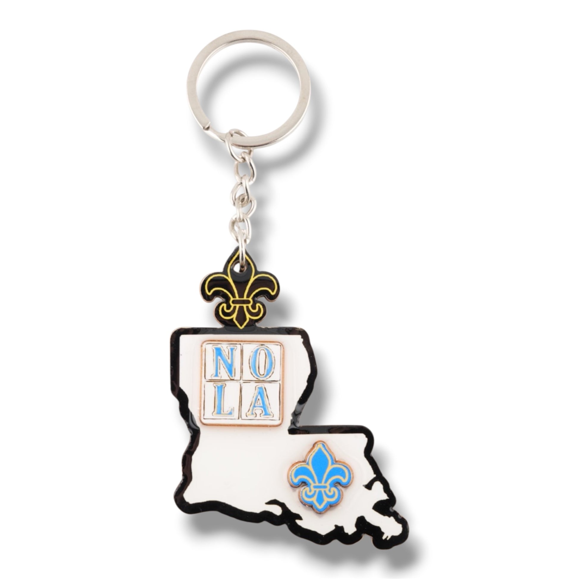 NOLA White & Blue Louisiana Shaped Keychain - local art, vibrant - Holiday Ornaments - New Orleans Souvenir
