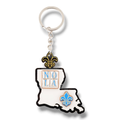 NOLA White & Blue Louisiana Shaped Keychain - local art, vibrant - Holiday Ornaments - New Orleans Souvenir