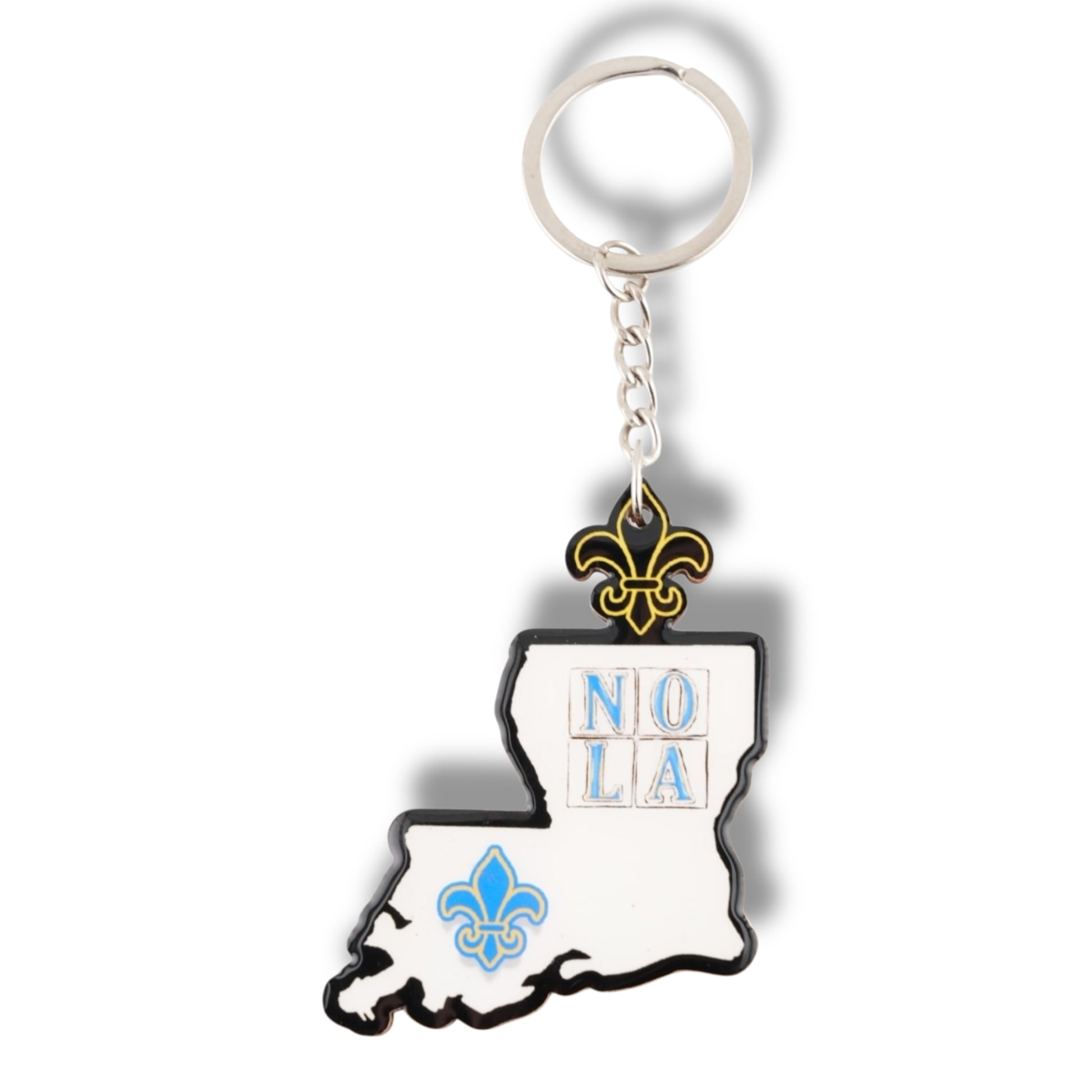 NOLA White & Blue Louisiana Shaped Keychain - local art, vibrant - Holiday Ornaments - New Orleans Souvenir - Back