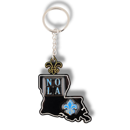 NOLA Black & Blue Louisiana Shaped Keychain - local art - Holiday Ornaments - New Orleans Souvenir