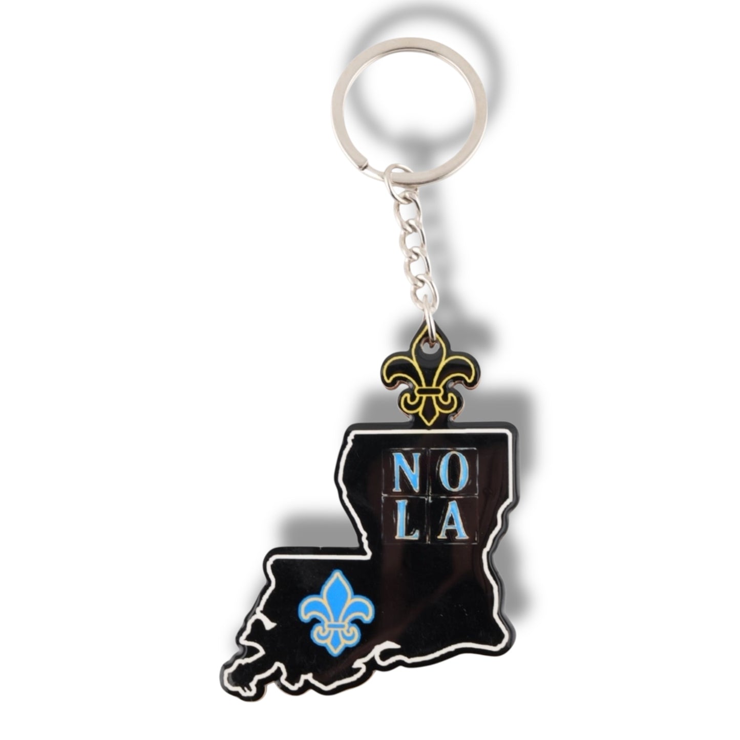 NOLA Black & Blue Louisiana Shaped Keychain - local art - Holiday Ornaments - New Orleans Souvenir - Back