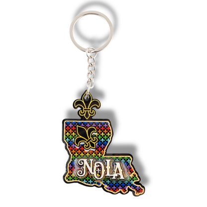 NOLA Rainbow Wooden Louisiana Shaped Keychain - local art - Keychains - New Orleans Souvenir