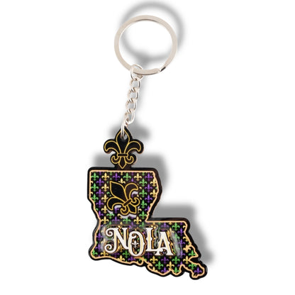 NOLA Mardi Gras Wooden Louisiana Shaped Keychain - durable - locally designed - Keychains - New Orleans Souvenir