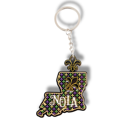 NOLA Mardi Gras Wooden Louisiana Shaped Keychain - durable - locally designed - Keychains - New Orleans Souvenir - Back