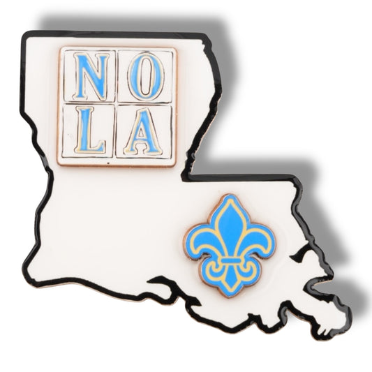 NOLA White & Blue Louisiana Shaped Magnet - Refrigerator Magnets - New Orleans Souvenir