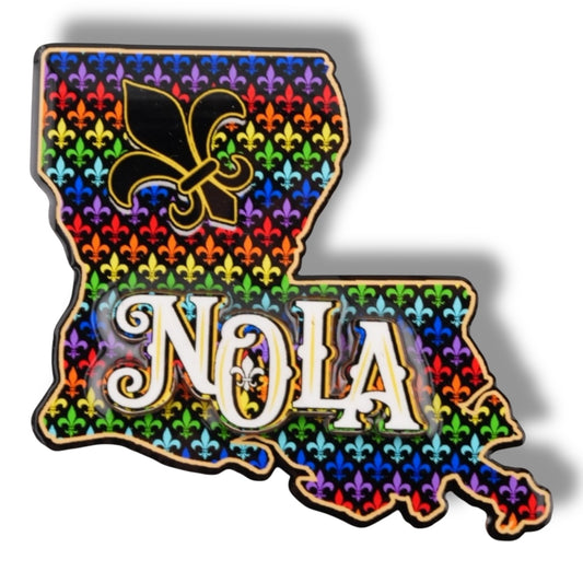 NOLA Rainbow Wooden Louisiana Shaped Magnet - Refrigerator Magnets - New Orleans Souvenir