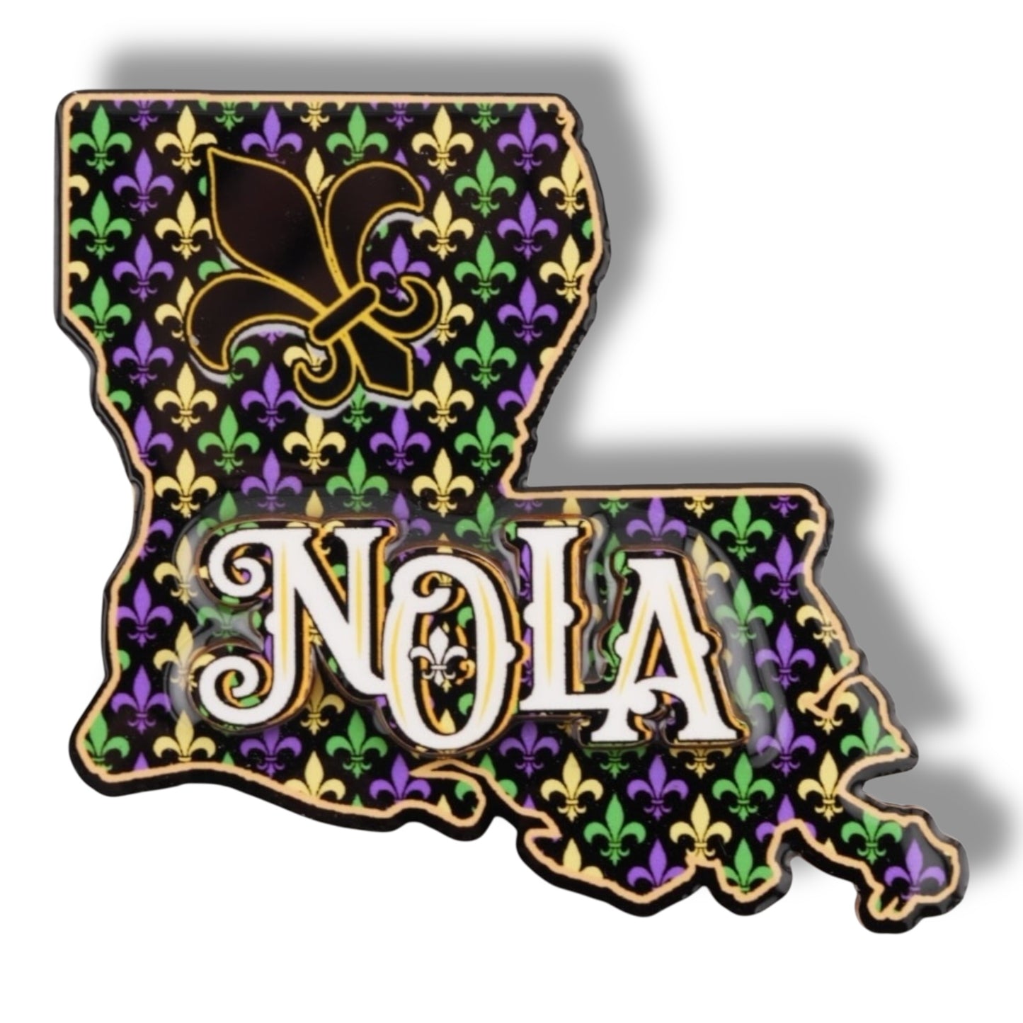 NOLA Mardi Gras Wooden Louisiana Shaped Magnet - Refrigerator Magnets - New Orleans Souvenir