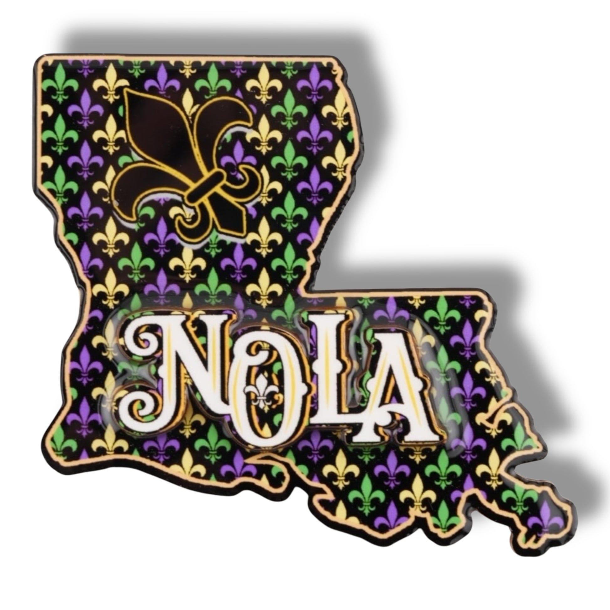 NOLA Mardi Gras Wooden Louisiana Shaped Magnet - Refrigerator Magnets - New Orleans Souvenir
