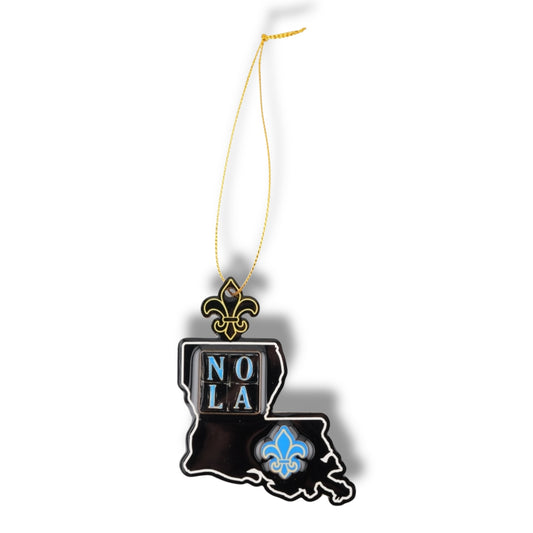 NOLA Black & Blue Louisiana Shaped Ornament - Holiday Ornaments - locally designed - New Orleans Souvenir