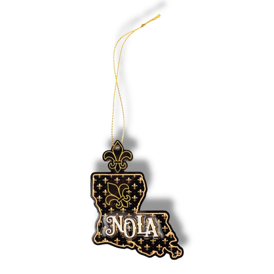 NOLA Black & Gold Wooden Louisiana Shaped Ornament - Holiday Ornaments - colorful - vibrant - New Orleans Souvenir