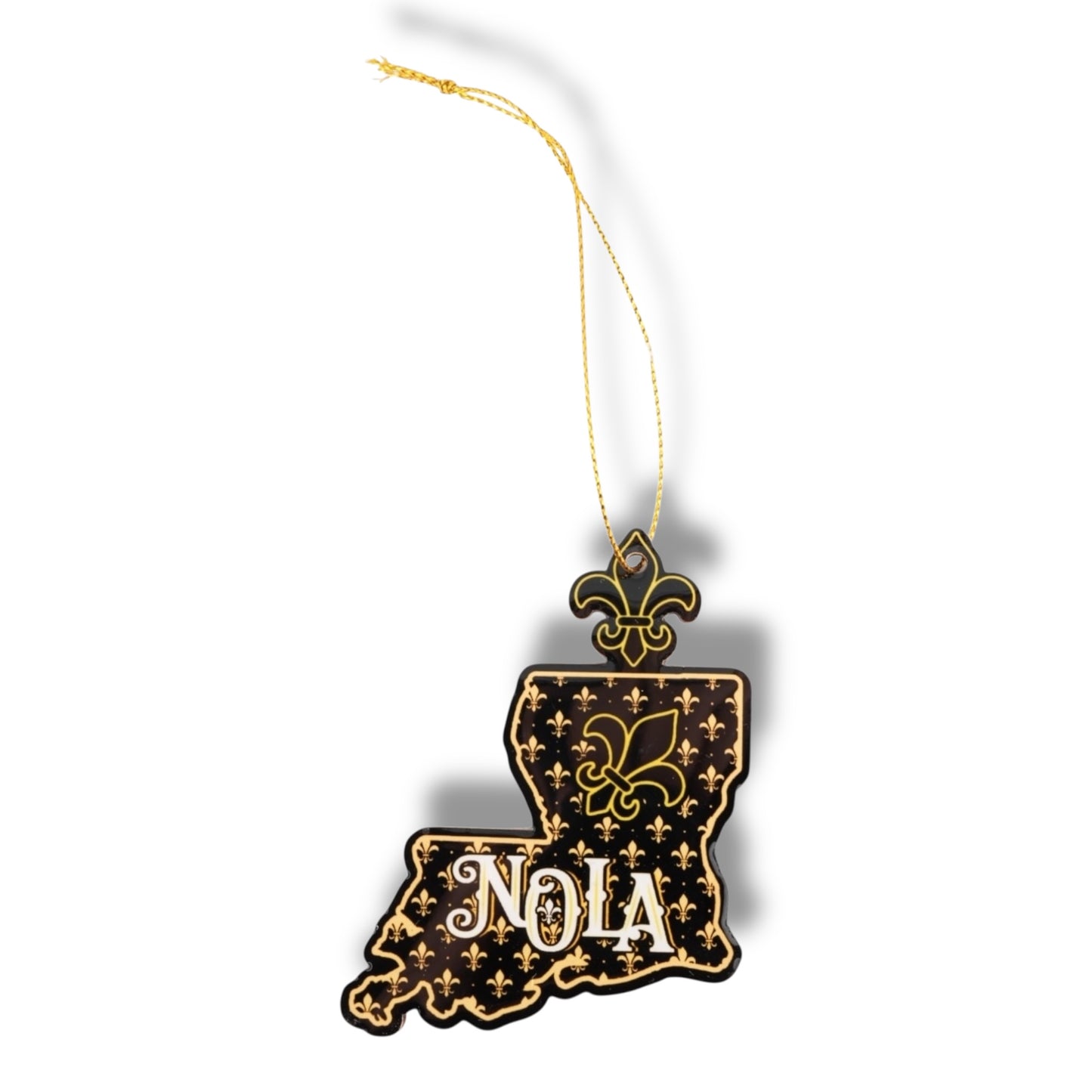 NOLA Black & Gold Wooden Louisiana Shaped Ornament - Holiday Ornaments - colorful - vibrant - New Orleans Souvenir - Back