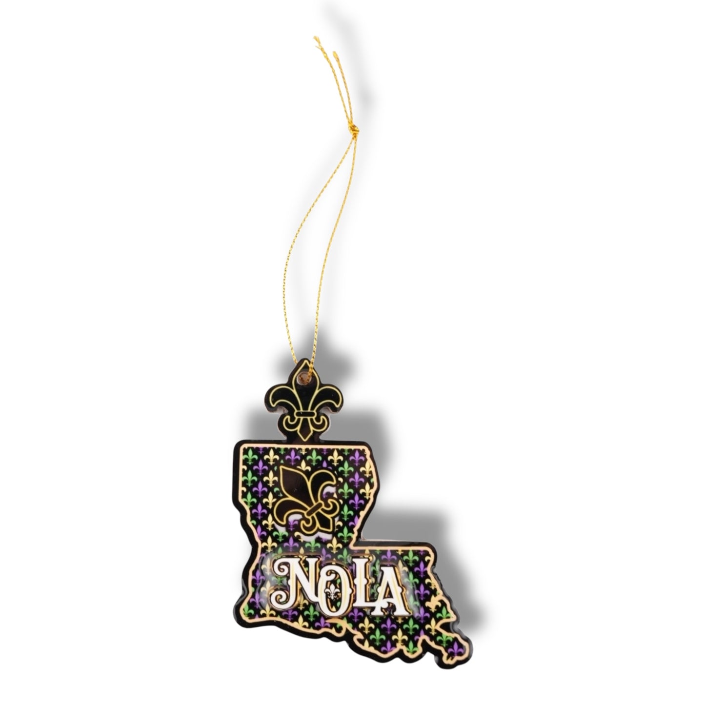 NOLA Mardi Gras Wooden Louisiana Shaped Ornament - Holiday Ornaments - colorful - locally designed - New Orleans Souvenir