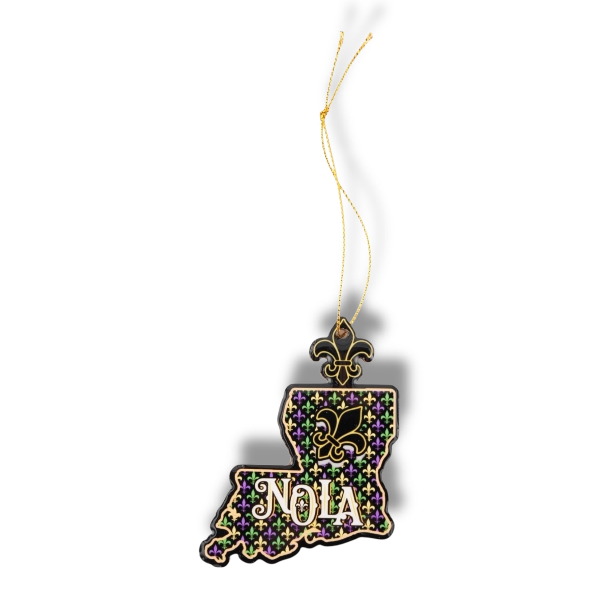 NOLA Mardi Gras Wooden Louisiana Shaped Ornament - Holiday Ornaments - colorful - locally designed - New Orleans Souvenir - Back