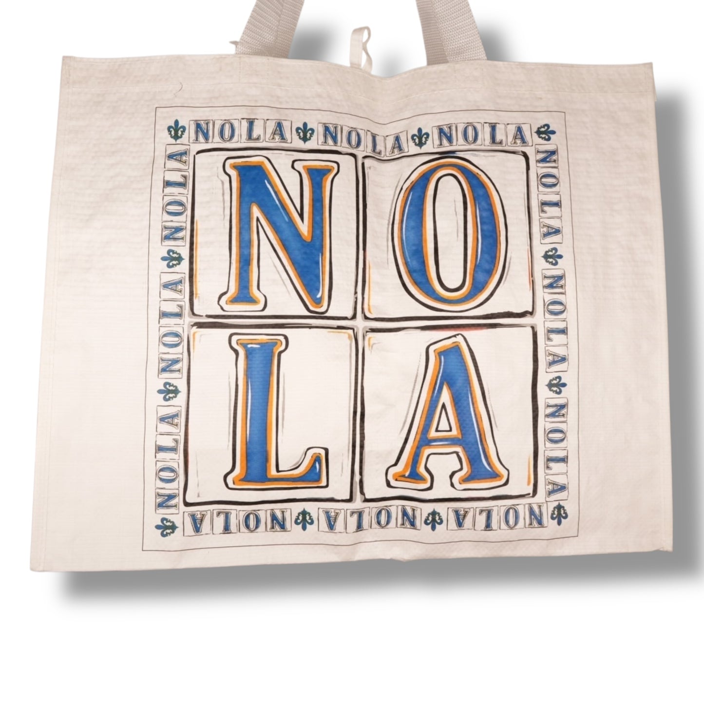 NOLA White & Blue Large Woven Tote Bag (20"W X 16"H) - Tote Bags - New Orleans Souvenir