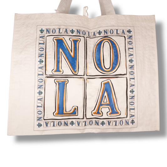 NOLA White & Blue Large Woven Tote Bag (20"W X 16"H) - Tote Bags - New Orleans Souvenir